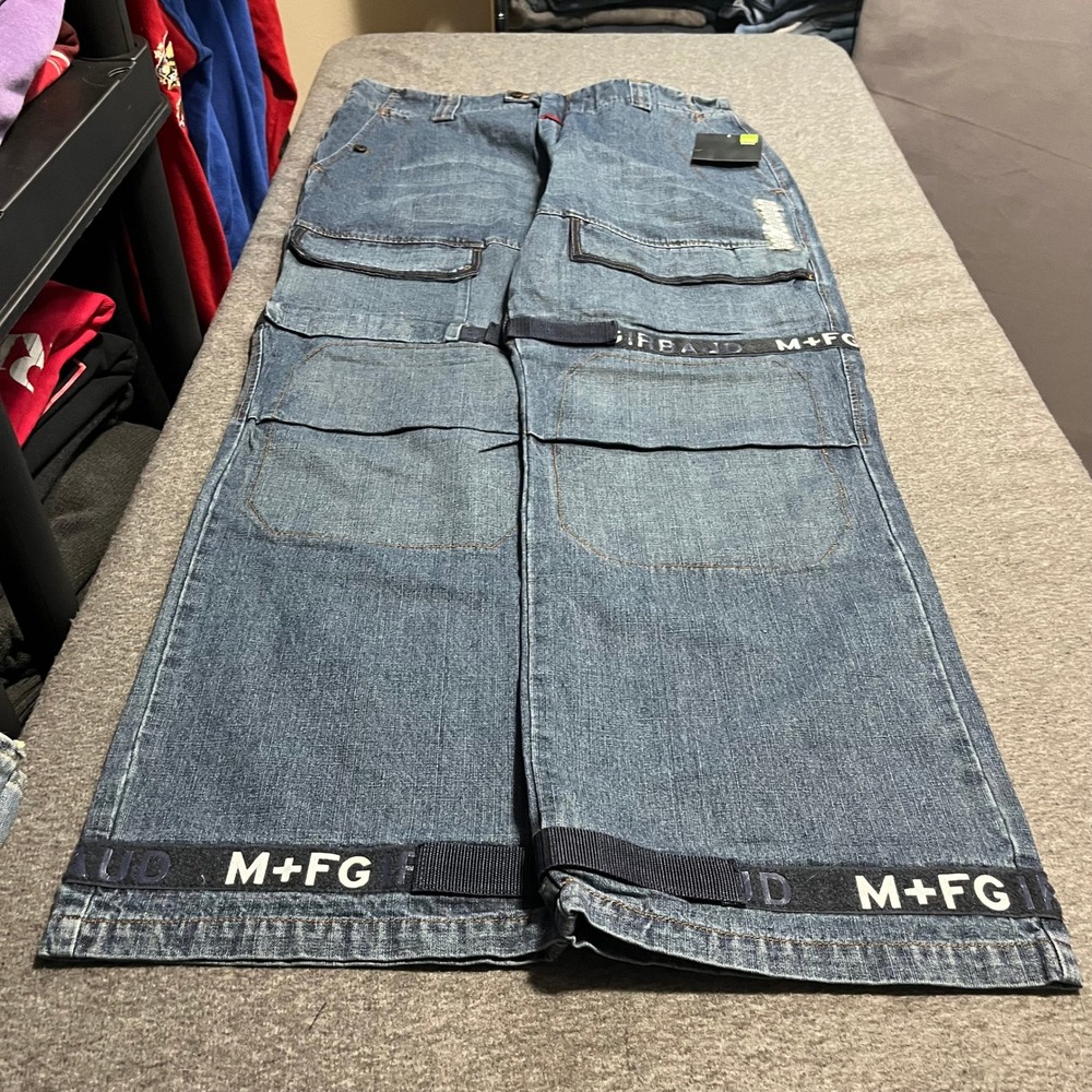 Marithe Francois Girbaud Baggy Logo Strap Denim Jeans Mens 40x35 NWT Blue